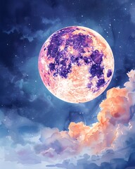Wall Mural - full moon, adorned with clouds, watercolor illustration
