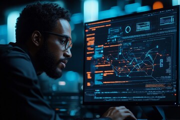 Aufkleber - An image of a black software developer working on a computer while in an office with high technology equipment, data systems, and programming