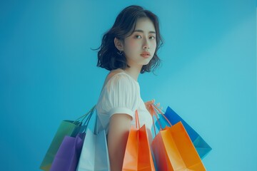 A young Asian woman holds a collection of bright, colorful shopping bags against a vibrant blue backdrop