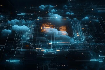 Fototapete - Technology of cloud computing. Futuristic illustration. AI generative process.