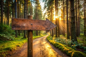 Rustic wooden directional sign with faded letters and rusty metal arrow points towards a worn dirt path in a serene forest setting at dawn.