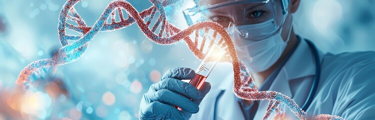 Leinwandbilder - Genetic research and biotech science is being conducted by scientists on a laboratory background. Human biology and pharmaceutical technology are also being investigated.