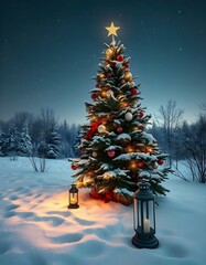a snowy winter landscape with a decorated christmas