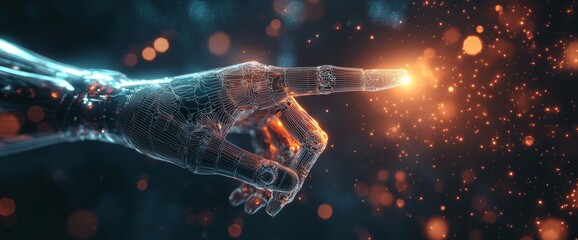 Leinwandbilder - On a dark background, a digital hand hologram is seen on a copy space. The brain is connected with stock. The communication is based on neural networks. Created with Stock.