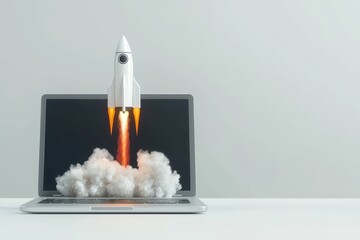 Poster - Space Rocket Launching From Laptop Screen. Stock Photo