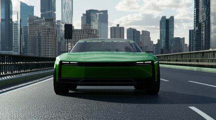 Poster - The concept of an autonomous self-driving car moving through the city with a head-up display that shows information such as speed, distance, navigation. View from the driver’s seat / First Person