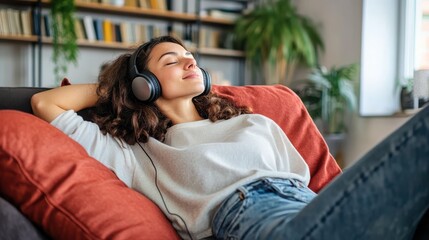 A woman lying back on a couch cushions, wearing headphones, and enjoying music, set against a background featuring a bookshelf and various green indoor plants.