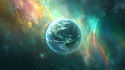 A crystal-clear Earth floating in space, with the colorful auroras of a distant planet in the background, highlighting interstellar exploration and unity