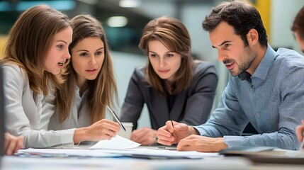 Wall Mural - Business Professionals Collaborating Around a Table, Focused on Documents