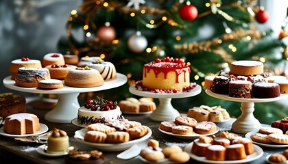 Colorful holiday dessert display featuring an array of cakes, cookies, and sweets elegantly set on a table next to a beautifully adorned Christmas tree