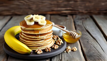 Delicious pancakes topped with banana slices, walnuts, and drizzled honey on a rustic wooden table