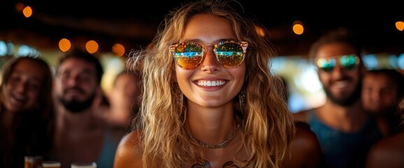 Wall Mural - Happy Young Woman with Sunglasses in a Group of Friends