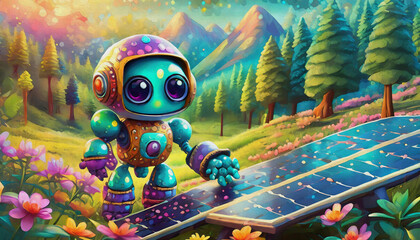 oil painting style CARTOON CHARACTER illustration  CUTE robot installing solar panels on a sunny day