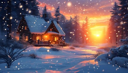 Enchanting winter cabin glowing with warm lights surrounded by gently falling snow in a peaceful forest at sunset