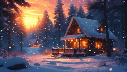 Enchanting winter cabin glowing with warm lights surrounded by gently falling snow in a peaceful forest at sunset