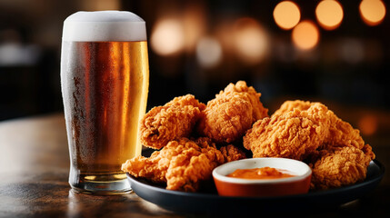 Wall Mural - A glass of beer with a frothy head paired with a plate of crispy fried chicken and a small bowl of dipping sauce on a wooden table in a dimly lit setting.