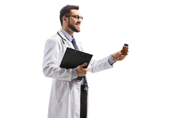 Sticker - Male doctor holding a bottle of pills