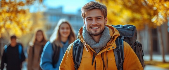 Wall Mural - Happy Young Man Walking With Backpack in Autumn Park