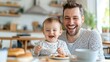 © Pinklife - A cheerful father and baby share a breakfast moment, laughing in a cozy kitchen setting, highlighting fatherhood, joy, and shared family experiences during meal time.