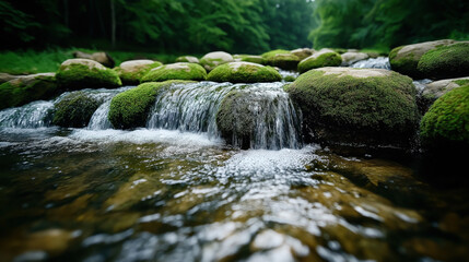 Canvas Print - A serene natural stream with clear flowing water cascading over moss-covered rocks in a lush forest environment.