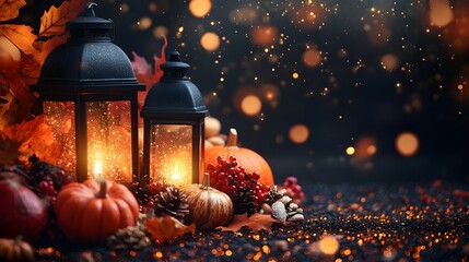 Wall Mural - Autumn Lanterns, Pumpkins & Warm Glow