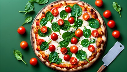 Vibrant spinach and cherry tomato pizza topped with feta cheese on a lively green backdrop