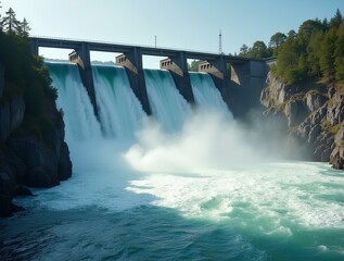 Hydroelectric dam with rushing water and electric turbines turning with the force of the flowing river water , generating clean energy for ecology and zero carbon targets electricity power generator