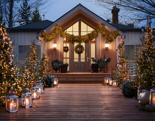 Wall Mural - outdoor christmas porch decorated garlands string lights