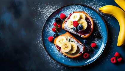 Delicious banana bread topped with mixed berries and a dusting of powdered sugar on a blue plate against a dark backdrop