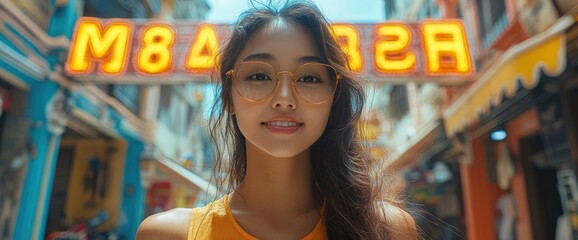 Wall Mural - Young Woman with Glasses Smiling in a Busy City Street