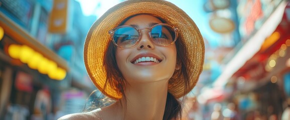 Wall Mural - Happy Woman in Sunglasses and Straw Hat Enjoying City Life