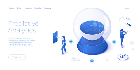 Predictive online business analysis strategy isometric vector illustration. Data analytics for company marketing solutions or financial performance. Budget accounting or statistics concept.