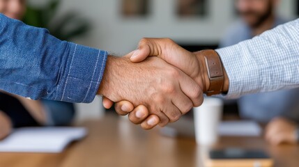 A close-up shot of two people shaking hands, capturing a professional business meeting setting with blurred background, symbolizing partnership, agreement, and collaboration.