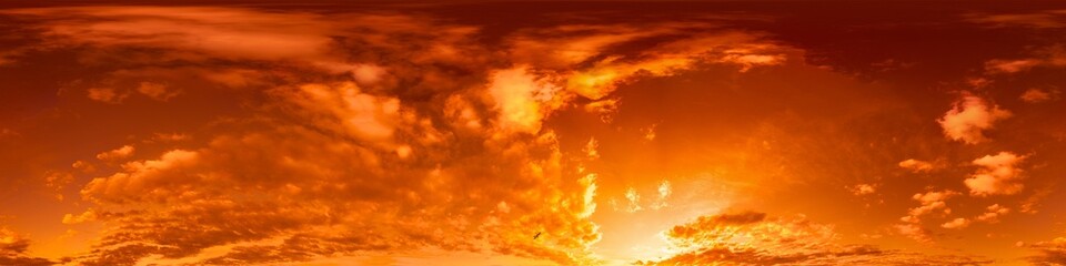 Wall Mural - 360 panorama of glowing sunset sky with bright pink Cirrus clouds. HDR 360 seamless spherical panorama. Full zenith or sky dome sky replacement for aerial drone panoramas. Climate and weather change.