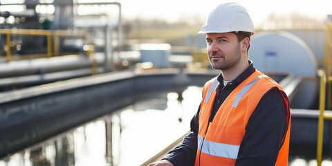 A professional worker wearing a safety vest and helmet, overseeing operations near a water treatment facility.