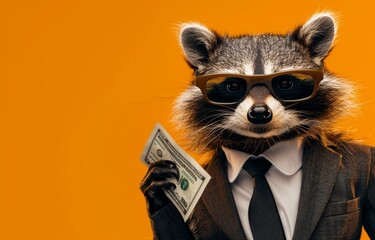 Businessman raccoon handing cash. Happy animal with money. Salary and tax concept. Rich business funny raccoon character on orange background