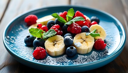 Colorful berry medley dessert topped with banana slices, fresh mint, and a dusting of powdered sugar on a vibrant blue plate