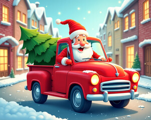 Wall Mural - 3D, cartoon, Santa Claus is driving a Christmas tree in a red pickup truck