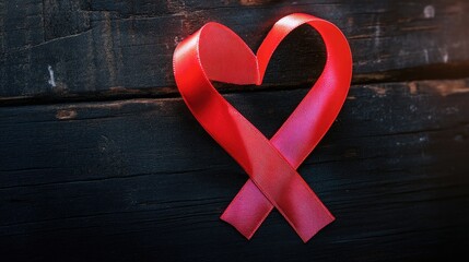 A red AIDS awareness ribbon shaped into a heart, placed on a dark wooden table. Focus on the ribbonas folds. No people.