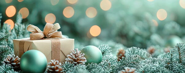 Christmas gift box with green ornaments and pine cones on a decorated tree branch with bokeh lights in the background.