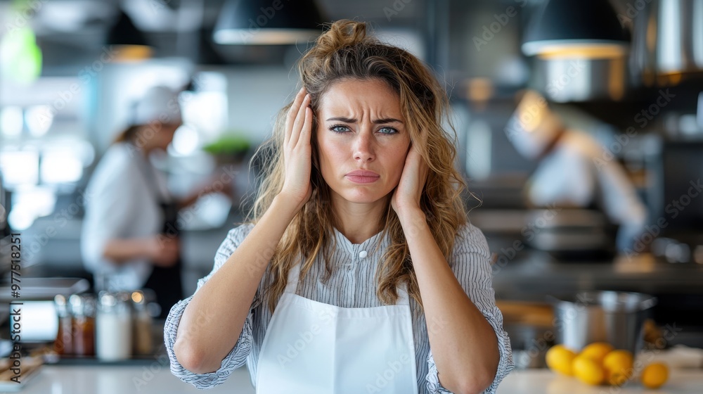 A stressed female cook holding her head in a busy restaurant kitchen ...