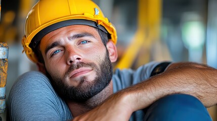 A pensive male construction worker wearing a hard hat, leaning against a structure on a work site, representing introspection, perseverance, and hard work.