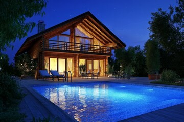 Wall Mural - Night, concept of a modern villa with a luxury black exterior and a swimming pool