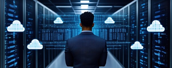 A professional in a suit stands before a data center, visualizing cloud computing technology and digital transformation.