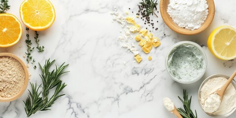 Bright and fresh ingredients on a marble surface, featuring lemons, herbs, and various powders for culinary inspiration.