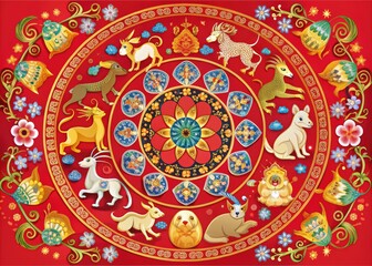 Vibrant illustration of the 12 Chinese zodiac animals surrounding a traditional lunar calendar, adorned with intricate patterns and auspicious symbols on a red background.