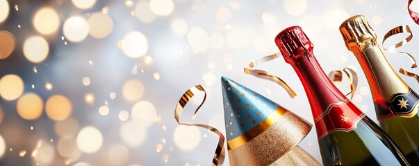 A close-up of party hats, noisemakers, and champagne bottles, ready for a festive New Year s Eve celebration with friends and family