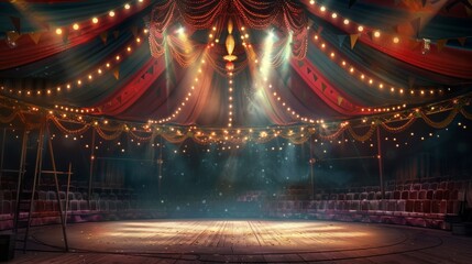 Wall Mural - an empty circus tent with a red and black color scheme, wooden stage, rows of chairs, and spotlights