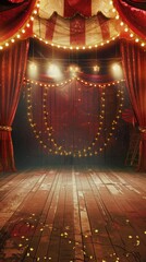 Wall Mural - vintage circus tent interior with a weathered stage, red curtains, and golden accents. spotlights cr