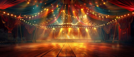 Wall Mural - empty circus stage in a tent, brightly lit by yellow spotlights with red curtains and fairy lights, 